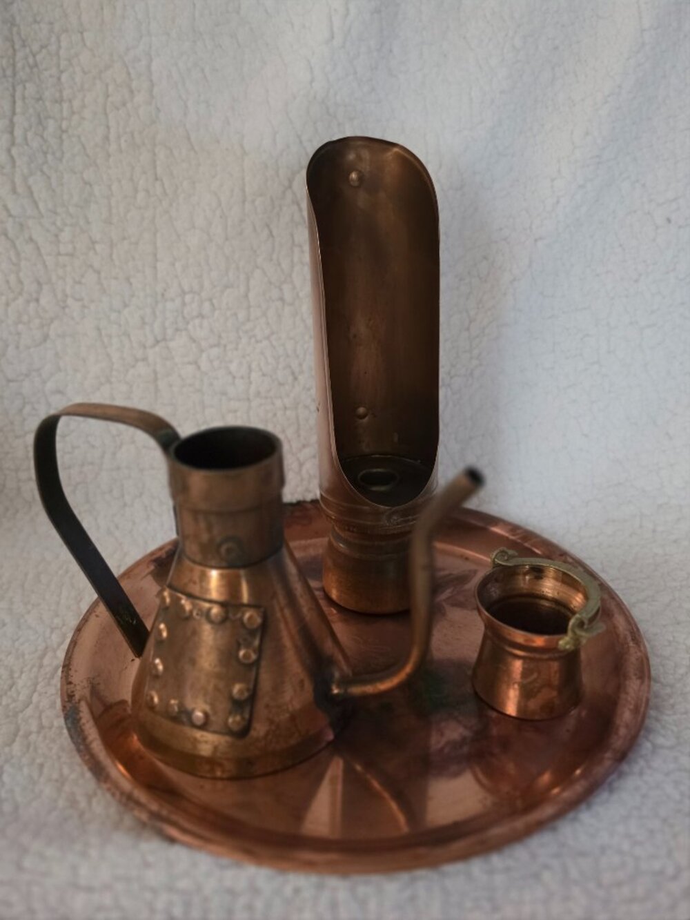 Copper Tray with Chocolate Pot, Candle Holder & Mini Bowl